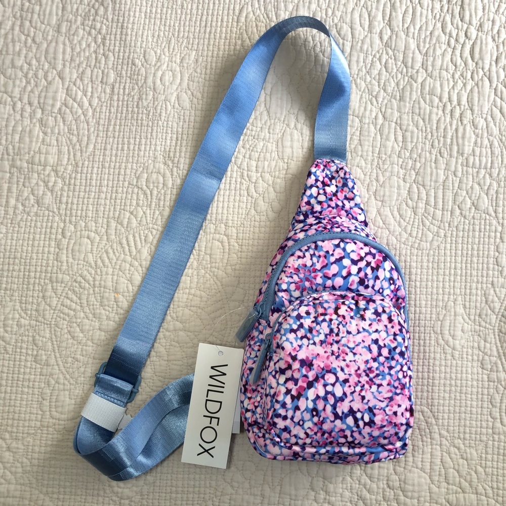 WILDFOX NWT Pink Purple Floral Sling Bag with Blue Strap